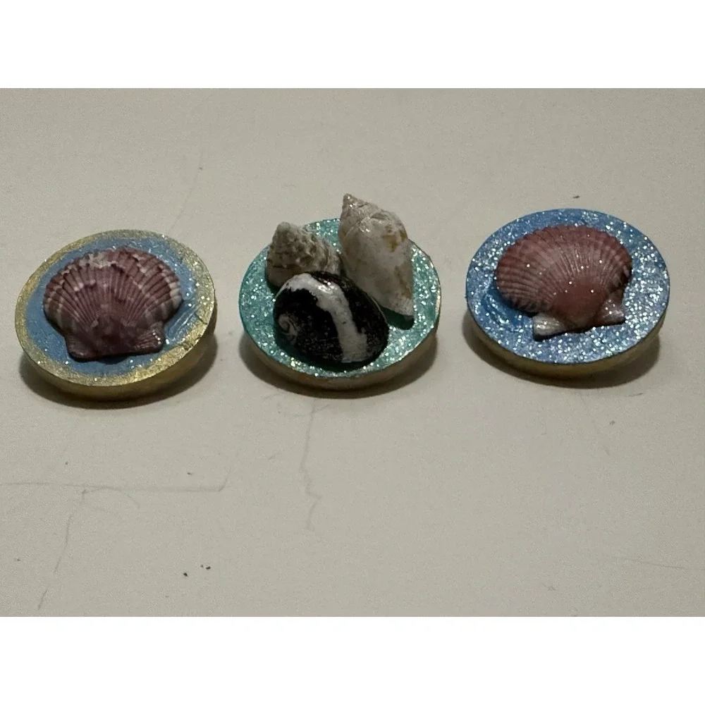 Set Of 3 Handmade Seashell Wooden Pins‎ Brooches Glitter Sparkle Beach Gifts
